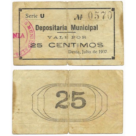 Denia (Depositaria Municipal). 1937. 25 Céntimos (BC)
