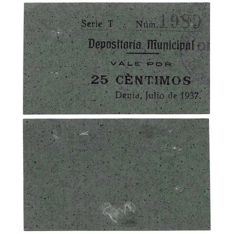 Denia (Depositaria Municipal). 1937. 25 Céntimos (EBC)