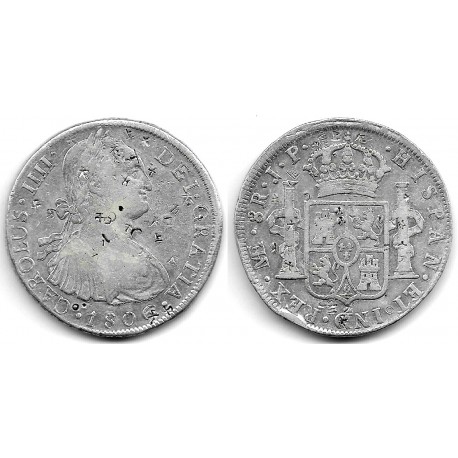 Carlos IV. 1806. 8 Reales (BC+) (Plata) Ceca de Lima JP, Resellos Orientales
