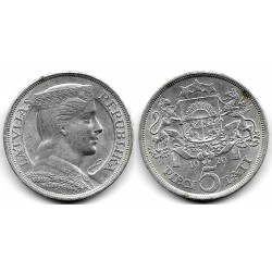 (9) Letonia. 1929. 5 Lati (EBC) (Plata) Leves Manchas