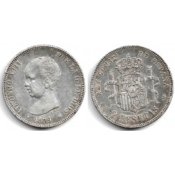 Alfonso XIII. 1889*(18-8-). 2 Pesetas (MBC) (Plata) Ceca de Madrid MP-M, Leve rotura en el cuño