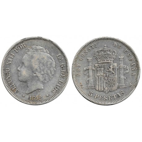 Alfonso XIII. 1892*(18---). 5 Pesetas (BC) (Plata) Ceca de Madrid PG-M