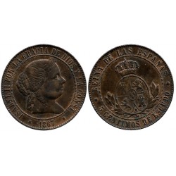 Isabel II. 1867. 5 Céntimos de Escudo (MBC) Ceca de Sevilla OM