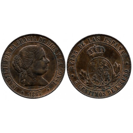 Isabel II. 1867. 5 Céntimos de Escudo (MBC) Ceca de Sevilla OM