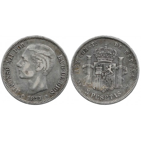 Alfonso XII. 1877*(18-77). 5 Pesetas (BC) (Plata) Ceca de Madrid DE-M