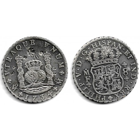 Felipe V. 1734. 8 Reales (EBC/EBC-) (Plata) Ceca de Méjico MF, Resellos Orientales