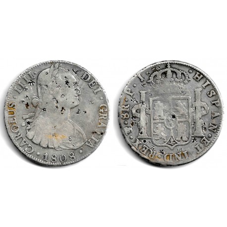 Carlos IV. 1808. 8 Reales (BC+) (Plata) Ceca de Potosí PJ, Resellos Orientales