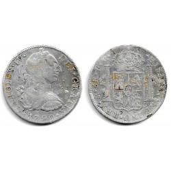 Carlos IV. 1790. 8 Reales (MBC-/BC+) (Plata) Ceca de Méjico FM, Resellos Orientales