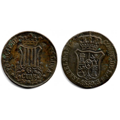 Isabel II. 1839. 6 Cuartos (BC+/MBC-) Ceca de Cataluña