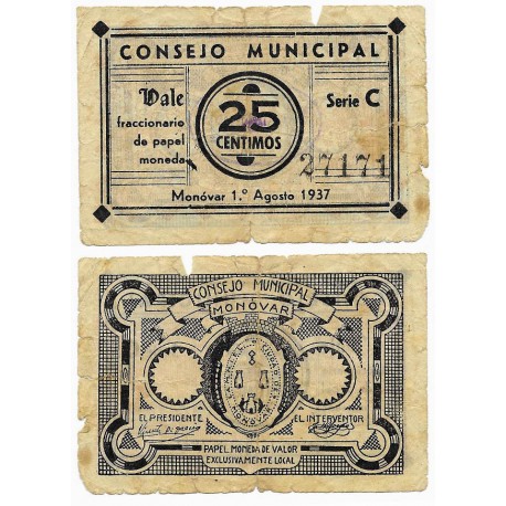 Monovar. 1937. 25 Céntimos (RC+) Roturas
