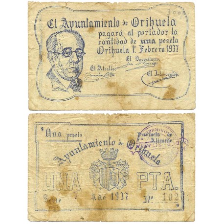 Orihuela. 1937. 1 Peseta (MBC-) Leves roturas en márgenes