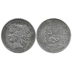 (201.2) Perú. 1880. 5 Pesetas (EBC) (Plata)