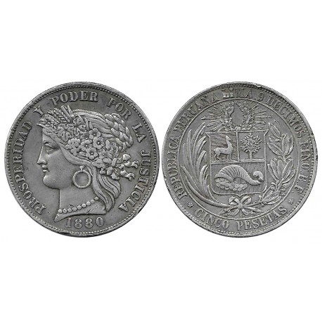 (201.2) Perú. 1880. 5 Pesetas (EBC) (Plata)