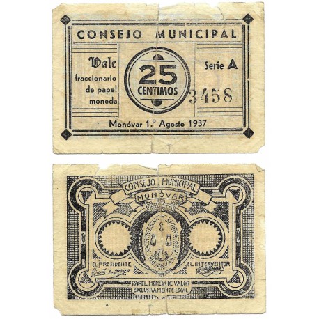 Monóvar. 1937. 25 Céntimos (RC+) Roturas