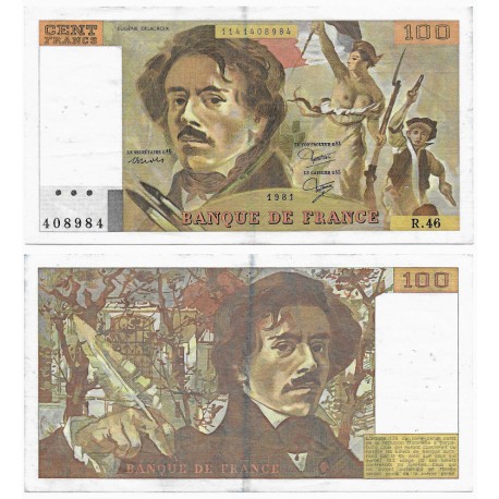 (154b) Francia. 1981. 100 Francs (MBC-) Pequeños agujeros y leves manchas azuladas