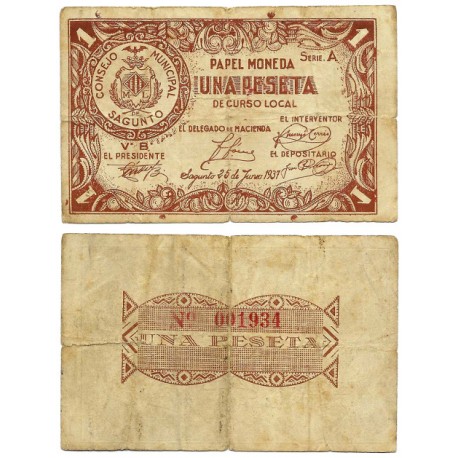 Sagunto. 1937. 1 Peseta (RC+) Rotura en margen derecho