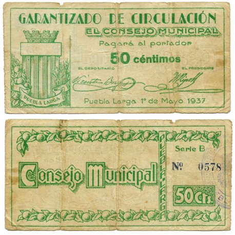 Puebla Larga. 1937. 50 Céntimos (MBC-)