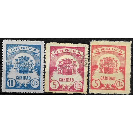Viñetas. Órgiva. Caridad. 10, 5 y 5 Céntimos (Nuevos y Usados, con señal de fijasellos)