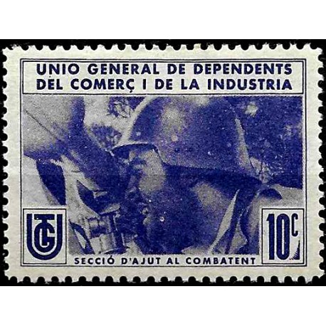 Viñeta. Unión Gral. de Dependientes del Comercio y Industria. Ayuda Combatiente. 10 Céntimos (Nuevo, con señal de fijasellos)