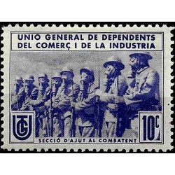 Viñeta. Unión Gral. de Dependientes del Comercio y Industria. Ayuda Combatiente. 10 Céntimos (Nuevo, con señal de fijasellos)