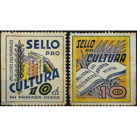 Viñetas. Milicias Culturales. Sellos Pro Cultura. 10 y 10 Céntimos (Usados)
