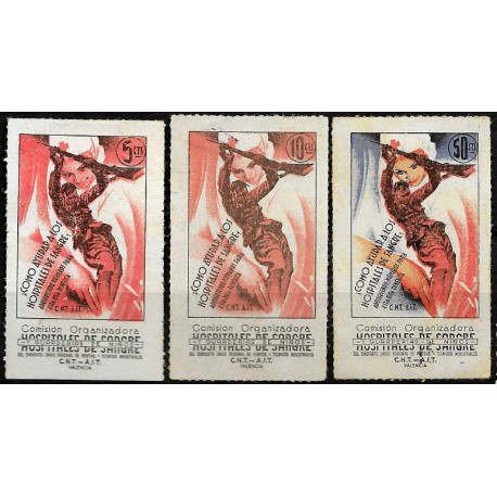 Viñetas. Hospitales de Sangre y Guarderias de Niños. CNT-AIT. 5, 10 y 50 Céntimos (Usados)