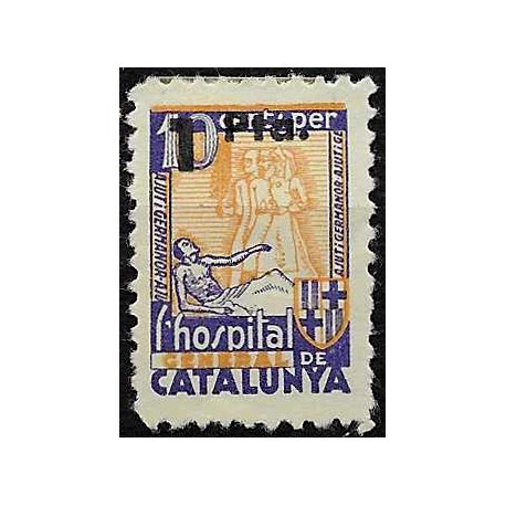Viñeta. Hospital General de Cataluña. Ajut i Germanor. 1 Peseta sobre 10 Céntimos (Nuevo, con señal de fijasellos)
