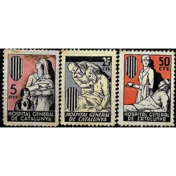 Viñetas. Hospital General de Cataluña. 25, 50 Céntimos y 5 Pesetas (Usados)
