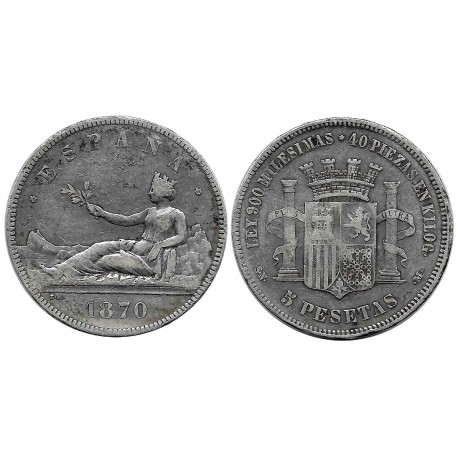 Gobierno Provisional. 1870*(-8-70). 5 Pesetas (BC) (Plata) Ceca de Madrid SN-M