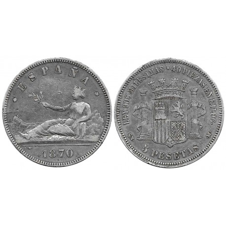 Gobierno Provisional. 1870*(---70). 5 Pesetas (BC+) (Plata) Ceca de Madrid SN-M