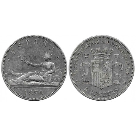 Gobierno Provisional. 1870*(18-70). 5 Pesetas (BC+) (Plata) Ceca de Madrid SN-M