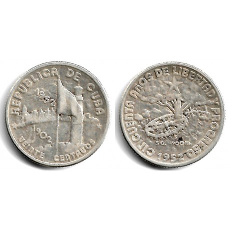 (24) Cuba. 1952. 20 Centavos (MBC) (Plata)