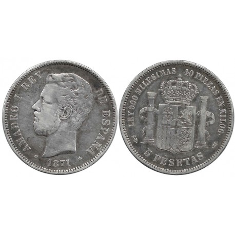 Amadeo I. 1871*(18-71). 5 Pesetas (BC) (Plata) Ceca de Madrid SD-M
