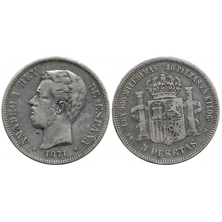 Amadeo I. 1871*(18-71). 5 Pesetas (BC) (Plata) Ceca de Madrid SD-M