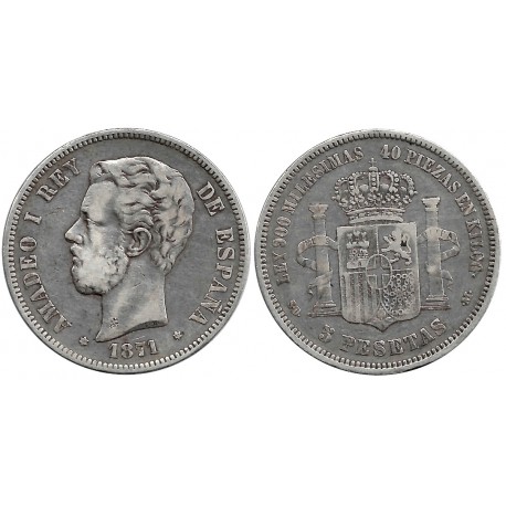 Amadeo I. 1871*(18-71). 5 Pesetas (BC) (Plata) Ceca de Madrid SD-M