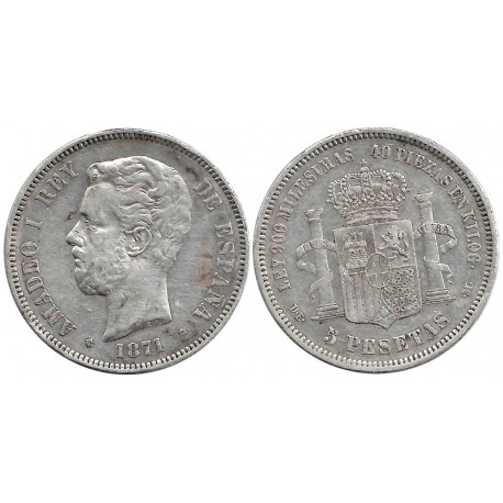 Amadeo I. 1871*(18-74). 5 Pesetas (BC) (Plata) Ceca de Madrid DE-M
