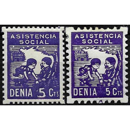 Viñetas. Denia. Asistencia Socia. 5 y 5 Céntimos (Nuevos, con señal de fijasellos)